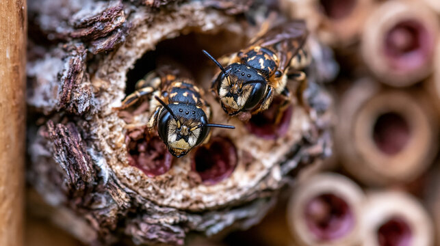 Close up of bee hotel cross section mounted on garden fence, mason bees entering and sealing chambers with mud, detailed natural architecture of nesting tubes visible, ideal for native bee habitat, 