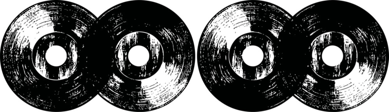 Black vinyl records with reflective grooves isolated on white background, retro music discs collection
