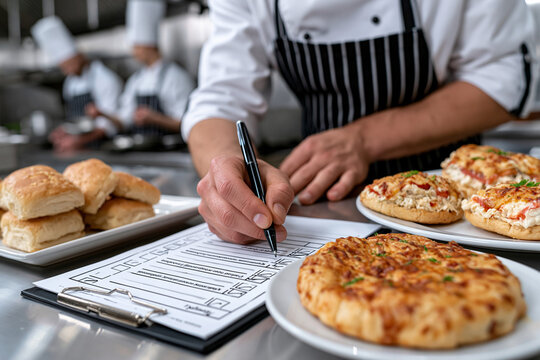 Chef checking order checklist next to prepared dishes in busy restaurant kitchen
