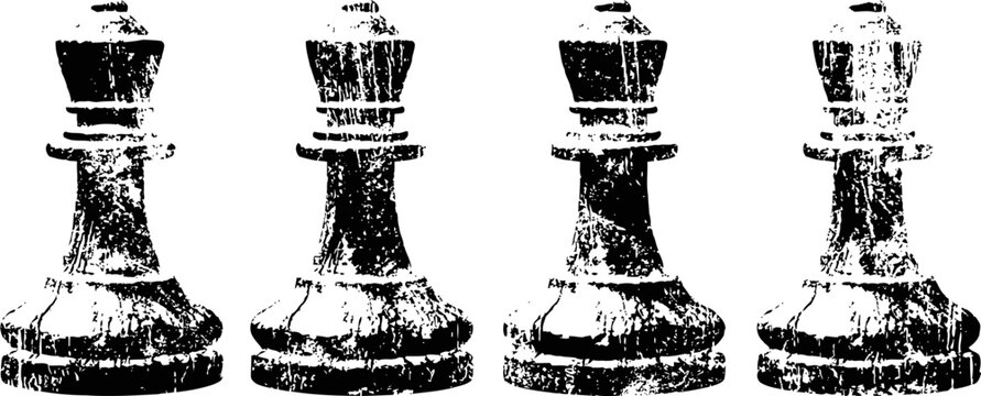 Vintage distressed chess king pieces in a row black and white grunge texture classic board game icons set