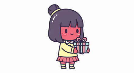 Fototapeta premium Cute Cartoon Girl Holding a Gift Box.