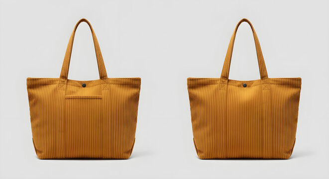 A pair of mustard yellow corduroy tote bags with ribbed texture and snap buttons showing front and back views.