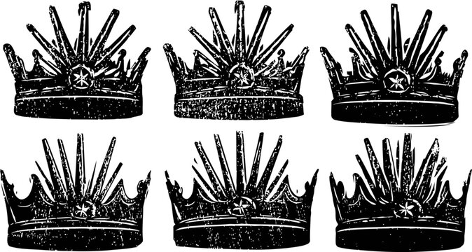 black vintage crown illustrations with star and spike details, six unique antique royal headpieces