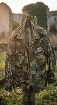 Torn camouflage military jacket hanging on a wooden fence
