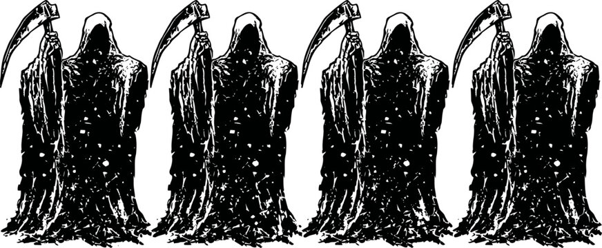Four black grim reaper figures holding scythes in a row on white background