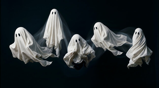 Playful ghosts float eerily in the darkness, creating a whimsical Halloween atmosphere.