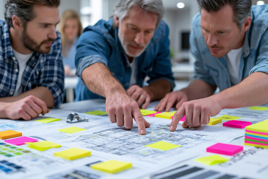 engineers reviewing blueprint with sticky notes during project planning session