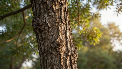 Obraz premium Close-up of a weathered tree trunk with textured bark in natural light.
