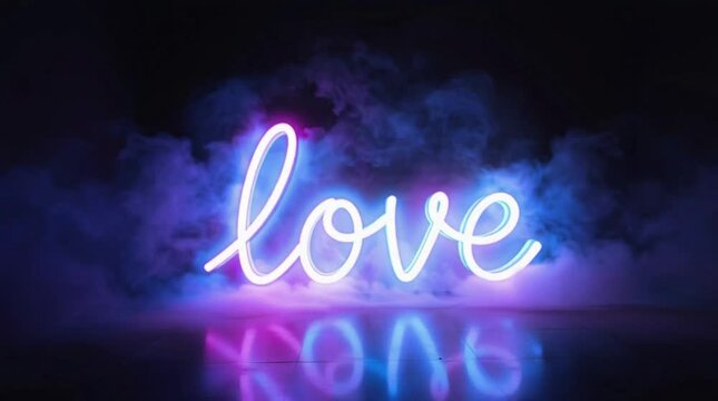 Gradient Love Neon Sign with Pink and Blue Glow in Dark Foggy Room