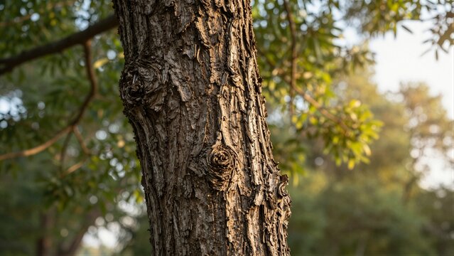 Close-up of a weathered tree trunk with textured bark in natural light.