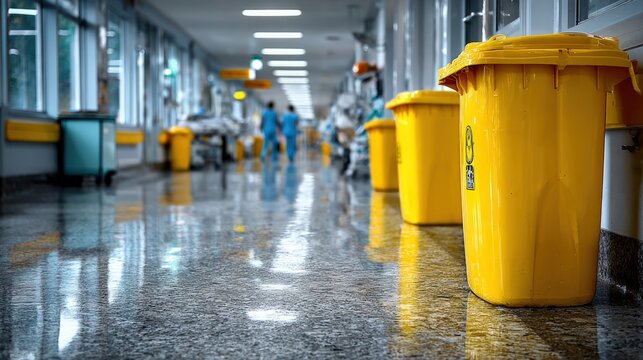 Yellow medical waste bins in busy hospital corridor