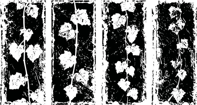 grunge vertical vine leaf patterns with distressed textures on black backgrounds