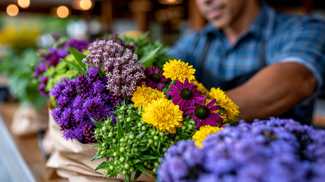 Vibrant colorful native plant market stall, bundles of milkweed, coneflower, and ironweed tied in kraft paper, seller arranging display in dappled spring light, ideal for pollinator gardening, local