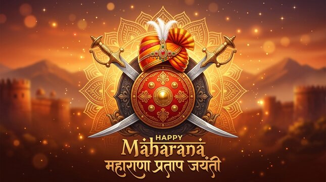 Maharana Pratap Jayanti celebration background with traditional Rajput sword, shield, and pagri turban illustration.
