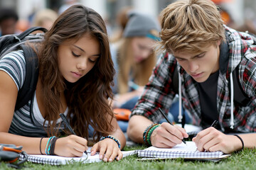 Fototapeta premium teen students studying outdoors writing notes on grass campus