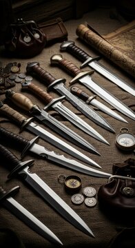 Collection of antique daggers and dirks with compass