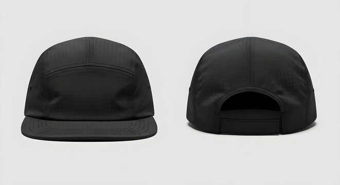 Front and back view of a black technical five panel ripstop nylon camper cap for streetwear fashion.