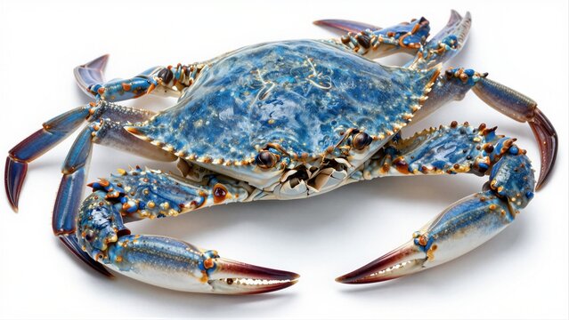 Detailed close-up of a fresh blue crab with vibrant shell colors and sharp focus.