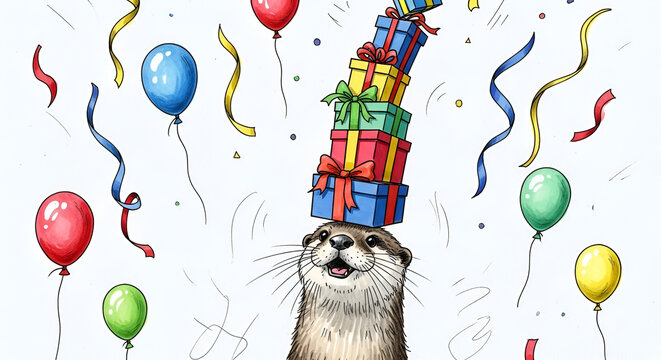 Smiling otter balancing a stack of colorful gift boxes on its head surrounded by balloons and confetti in an illustration style
