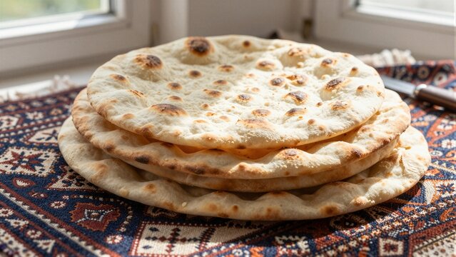 Freshly baked msemen flatbreads stacked on a colorful patterned cloth near a window, showcasing their golden crust and soft texture.