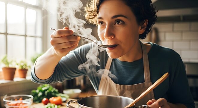Woman Tasting Hot Food While Cooking in Kitchen.