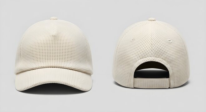 A minimalist beige baseball cap shown from the front and back for fashion branding and apparel design.