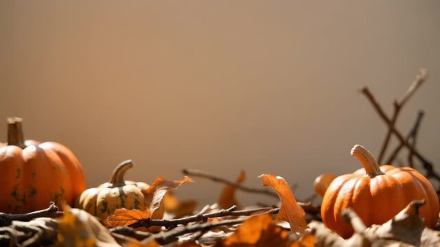 Autumn still life with small orange pumpkins and dry leaves on a clean background, soft natural lighting
