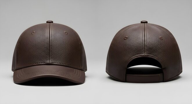 Front and back view of a premium brown leather baseball cap with textured finish for fashion mockup design.