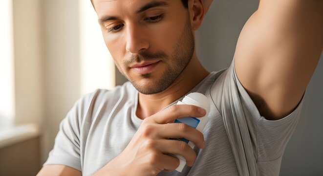 Man applying deodorant to his underarm for personal hygiene.