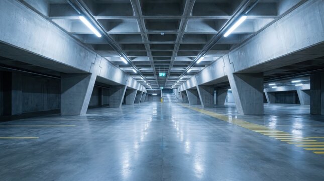 Modern empty metro station platform at night