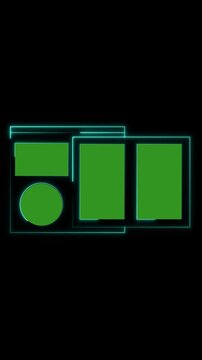 Abstract neon cyan glowing frame layout with green rectangles. Abstract neon cyan glowing frame mockup for screens. Abstract neon cyan glowing frame UI panel.