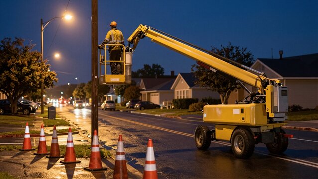 Utility worker on a cherry picker repairs a streetlight in a residential area during nighttime. The scene is illuminated by artificial lights, with traffic cones marking the work zone.