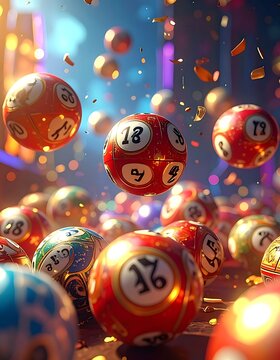 A colorful scene of floating bingo balls with confetti