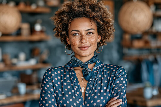 Confident young woman with freckles posing with arms crossed
