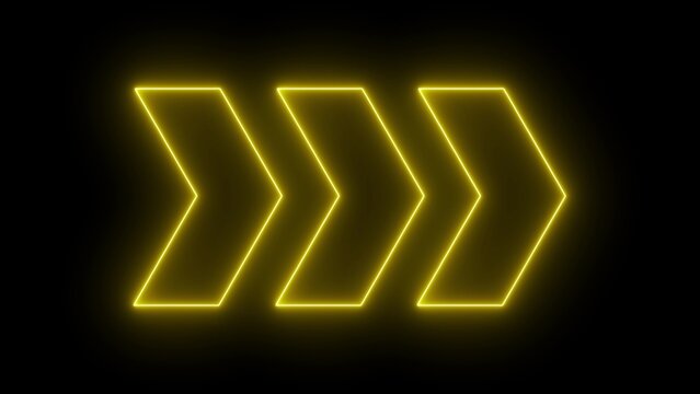 Neon light arrows pointing to the right. 3D rendering of glowing neon arrows on a black background.
