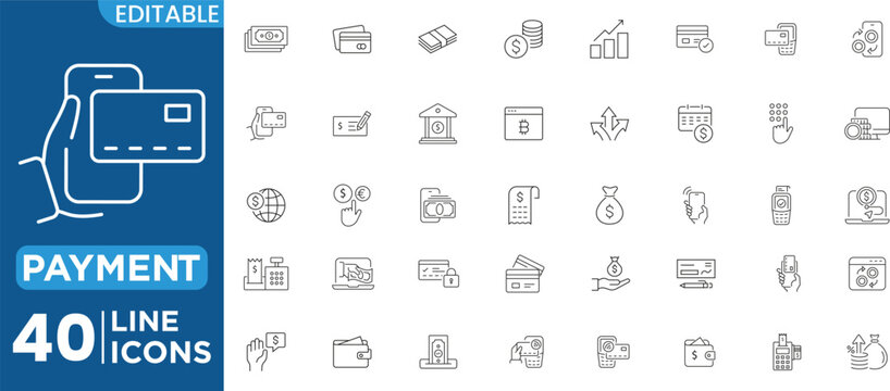 Online payment set of line icons. Payment linear icon collection containing cashless wallet, e-wallet, money transfer, banking, credit card and transactions. Editable stroke