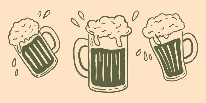 Hand drawn beer mugs with foam doodle illustration set. Three frothy beer glasses sketch for oktoberfest design