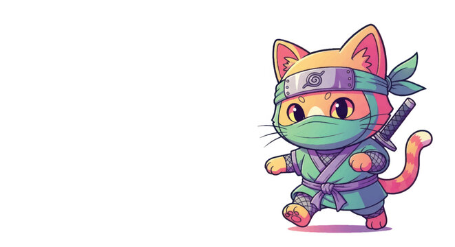 Cute Ninja Cat Warrior with Sword and Mask.