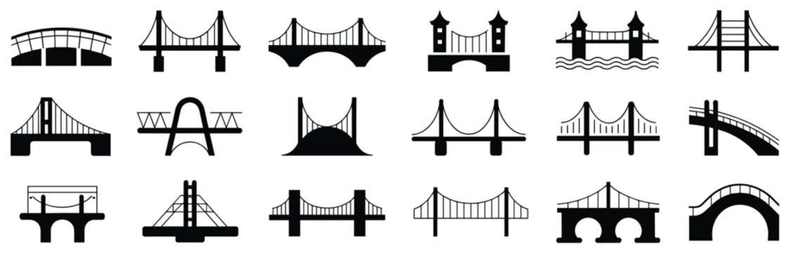 Bridge Silhouette Collection: A diverse compilation of bridge structures showcasing architectural designs. Design elements, structural art, engineering wonders, urban infrastructure.