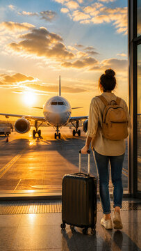 Woman with backpack and suitcase standing at airport terminal looking at airplane at sunset