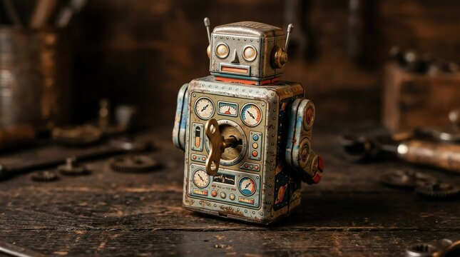 Clockwork Tin Robot Toy with Sparking Mechanism and Walking Action