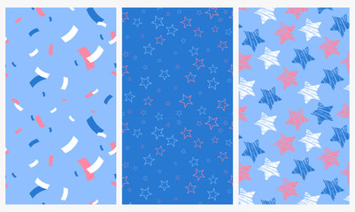 Fototapeta premium 4th of July Independence Day Seamless Pattern Set Featuring Stars and Confetti Ribbons in Pink and White on Mid Blue Background. Bold Flat Vector Design for Textile, Wrapping Paper, Surface Print
