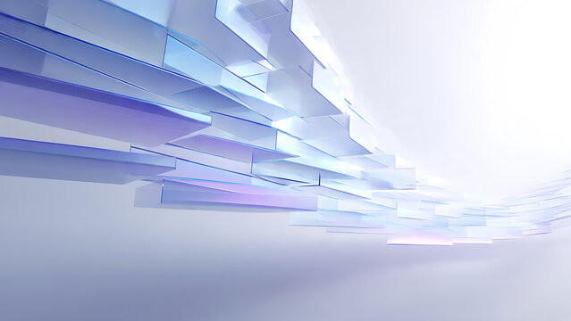 Flowing translucent blue and white 3D geometric rectangles arranged in a wave-like pattern, soft gradient lighting, ideal for tech presentations