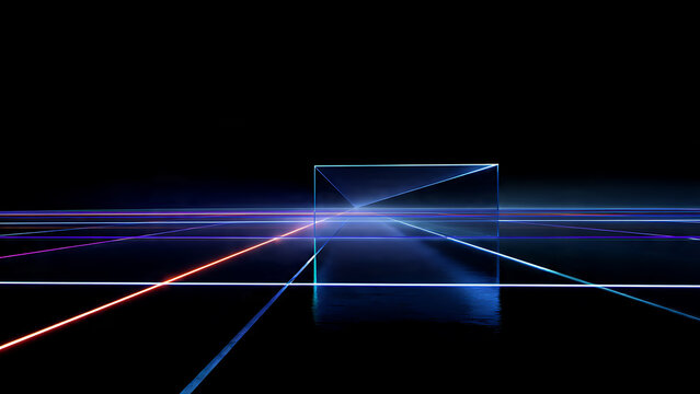 Glowing neon geometric grid with central cube on reflective dark surface, concept for technology, cybersecurity and futuristic innovation