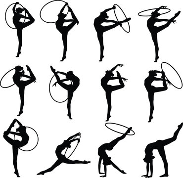 Set of twelve black silhouettes of rhythmic gymnasts performing various poses and movements with a hula hoop, isolated on a white background