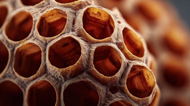 Close-up of intricate honeycomb structure with a warm, natural color palette.
