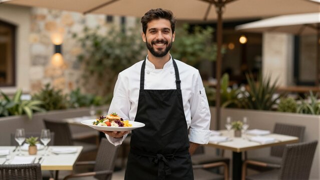 A smiling waiter in a white chef's coat and black apron serves a colorful dish at an outdoor restaurant with tables set under umbrellas.