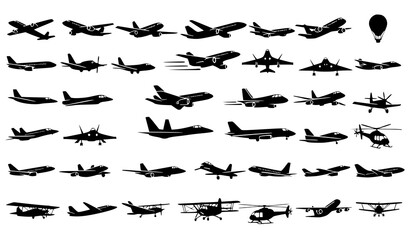 Diverse collection of aircraft silhouettes a comprehensive visual representation of aviation and aerial transportation © vector design 