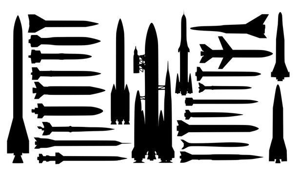 A collection of military weaponry silhouettes missiles bombs aircraft and submarines in black
