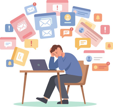 Overwhelmed man sitting at desk with laptop surrounded by notifications